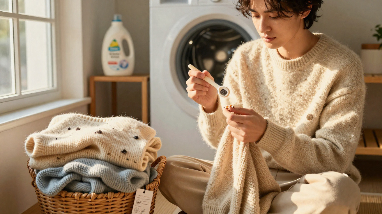 Person removing small dark pills or debris from a cream knitted sweater while sitting near a laundry basket.