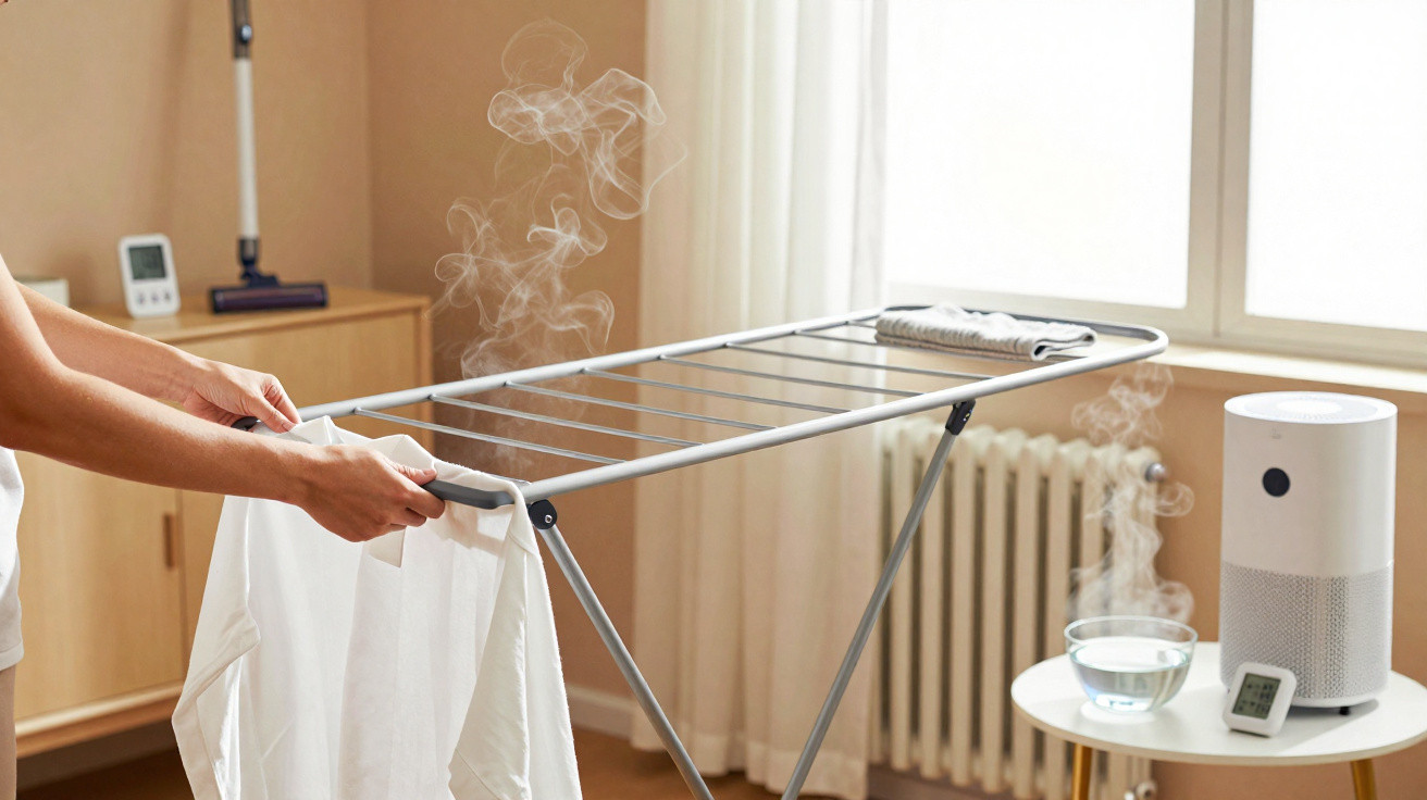Hands hanging a white shirt on an indoor drying rack with steam rising from a humidifier nearby.