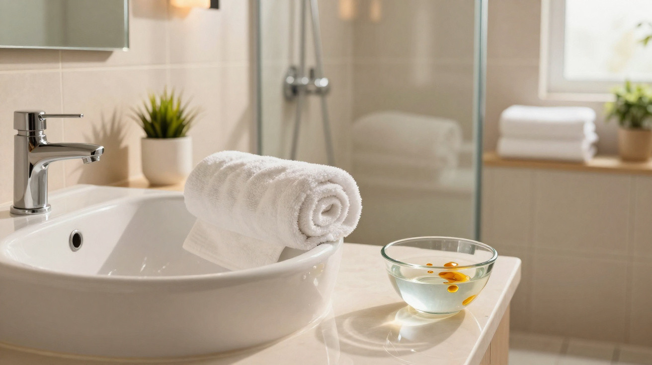 White rolled towel on a bathroom sink with a glass bowl of water and floating flower petals nearby.