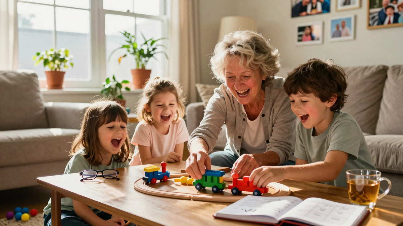 Elderly woman and three children joyfully playing with a wooden train set on a coffee table in a living room.