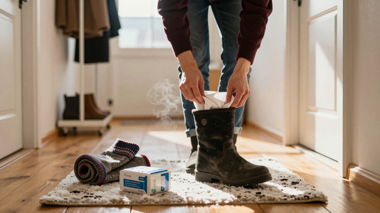Person placing tissue into a steaming black boot on a rug inside a bright room with wooden floors.