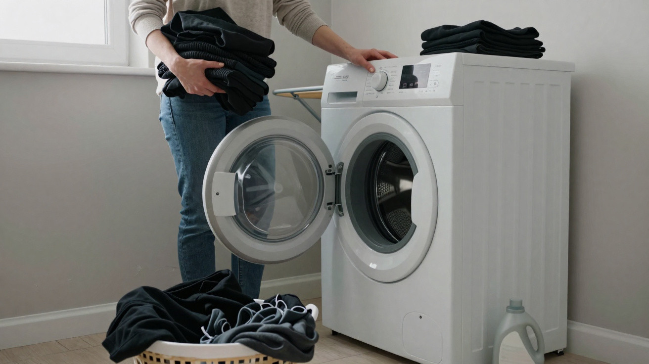 Person loading black clothes into a front-loading washing machine in a laundry room.