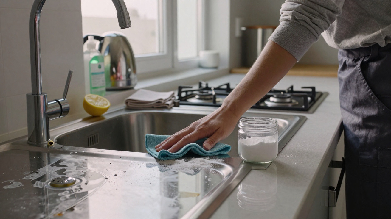 Person cleaning a kitchen sink with a cloth and a container of white powder on the counter nearby.