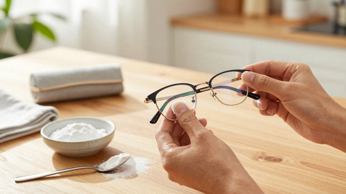 Person cleaning eyeglasses with a cloth and baking soda on a wooden table in a bright room.