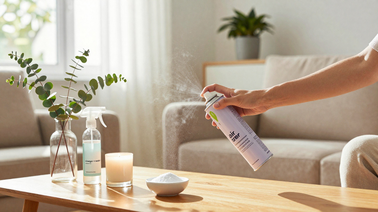 Hand spraying air freshener on a wooden table with plants, a candle, and cleaning spray in a living room.