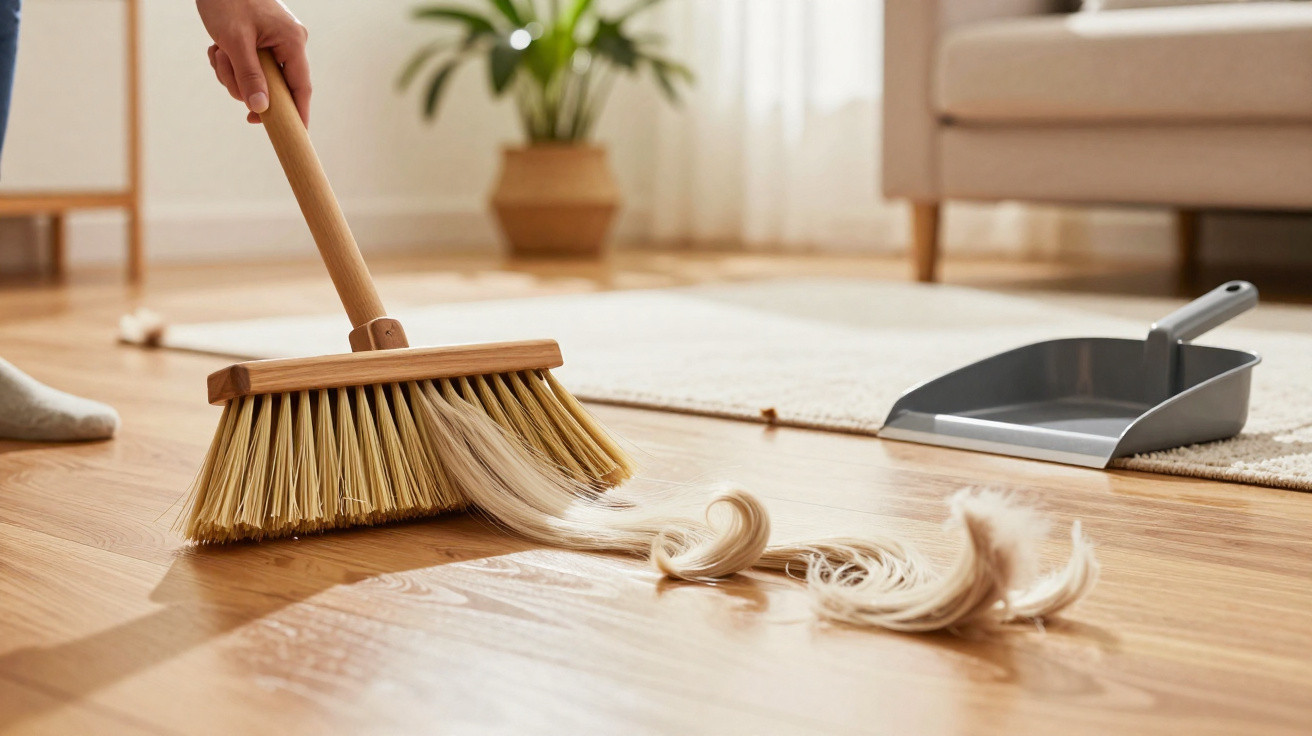 Hand sweeping long pet hair on wooden floor with broom and dustpan nearby in a bright room.