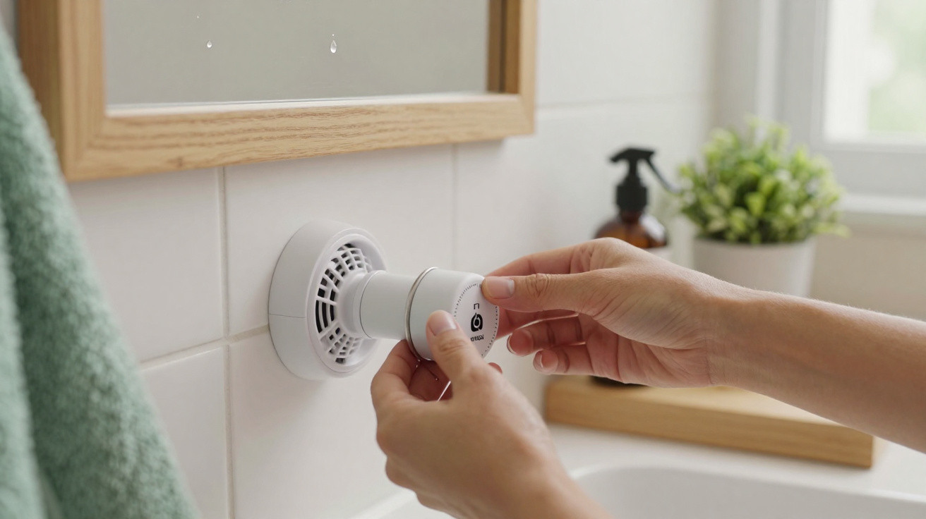 Person installing a white air freshener device on a bathroom tiled wall beneath a mirror.