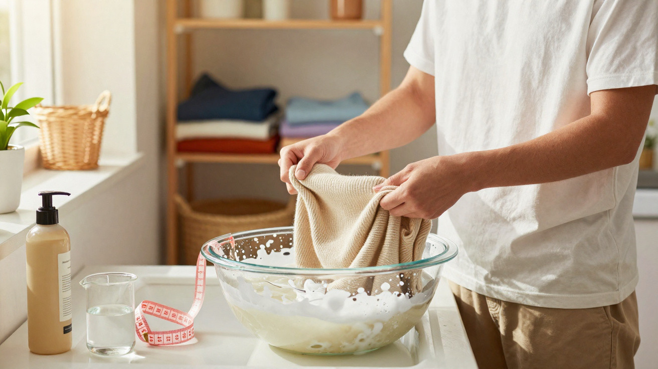 Person hand-washing a beige cloth in a glass bowl with soapy water on a kitchen counter with laundry items nearby.